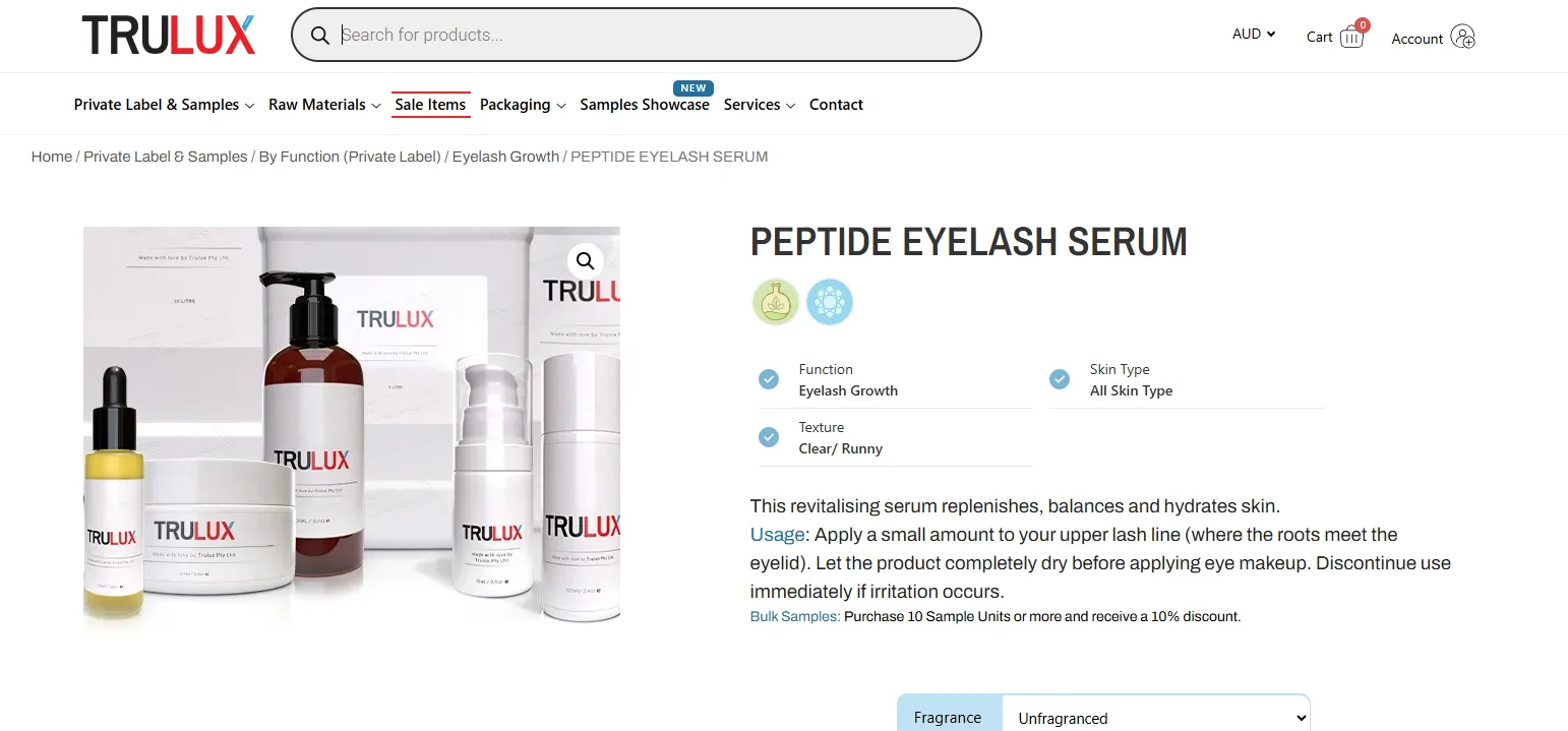 Trulux peptide eyelash serum products displayed with details about its benefits for eyelash growth and hydration, suitable for all skin types.